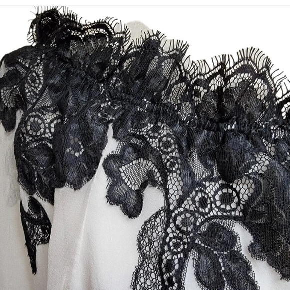 Victor Costa Ivory Silk Black Lace Off-Shoulder Elegant Peasant Blouse - Picture 4 of 10